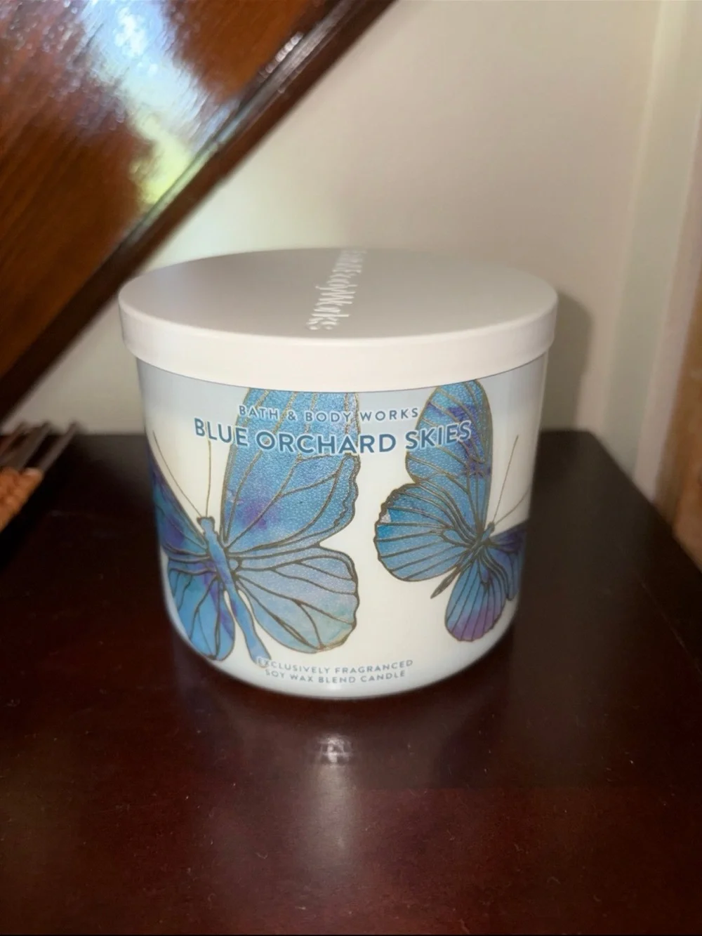 Bath & Body Works Blue Orchard Skies Candle with Blue Butterfly Design